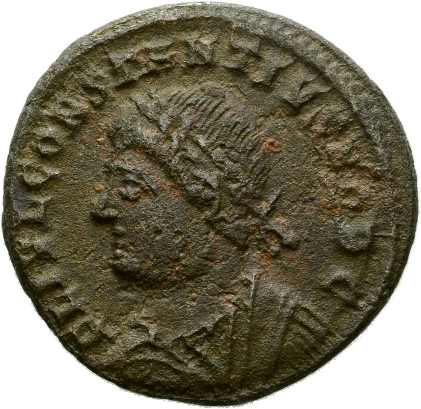 Constantine I obverse — Bust of Constantius II, laureate, draped, cuirassed, left