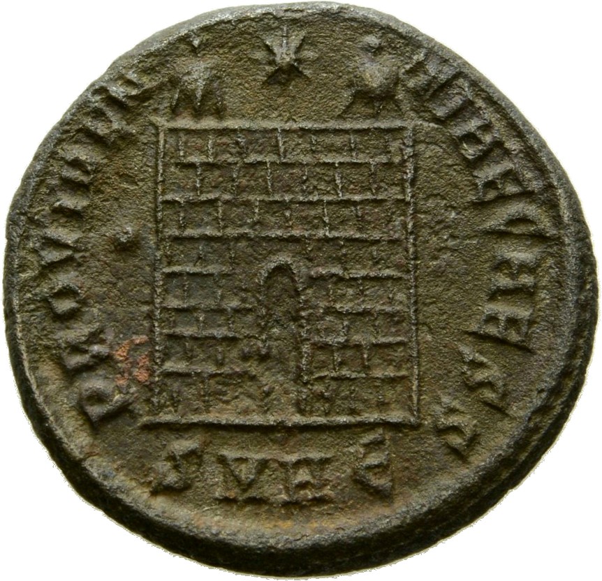 Constantine I reverse — Camp gate with two turrets, without doors, varying number of stone layers; star above