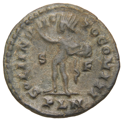 RIC VII Londinium 10 Constantine I reverse, Sol, radiate, chlamys draped across left shoulder, standing left, raising righ...
