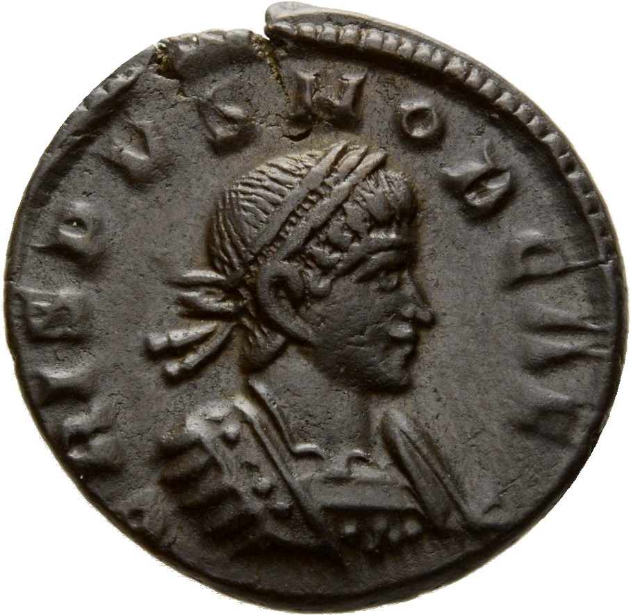 Constantine I obverse — Bust of Crispus, laureate, cuirassed, right
