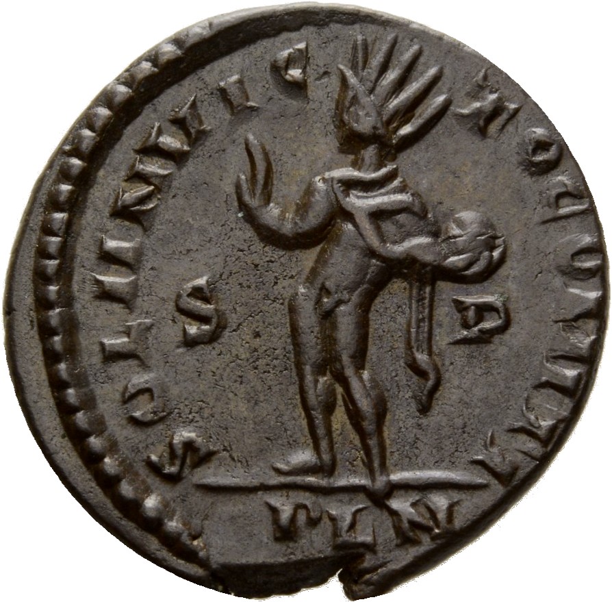 Constantine I reverse — Sol, radiate, chlamys draped across left shoulder, standing left, raising right hand and holding globe in left hand