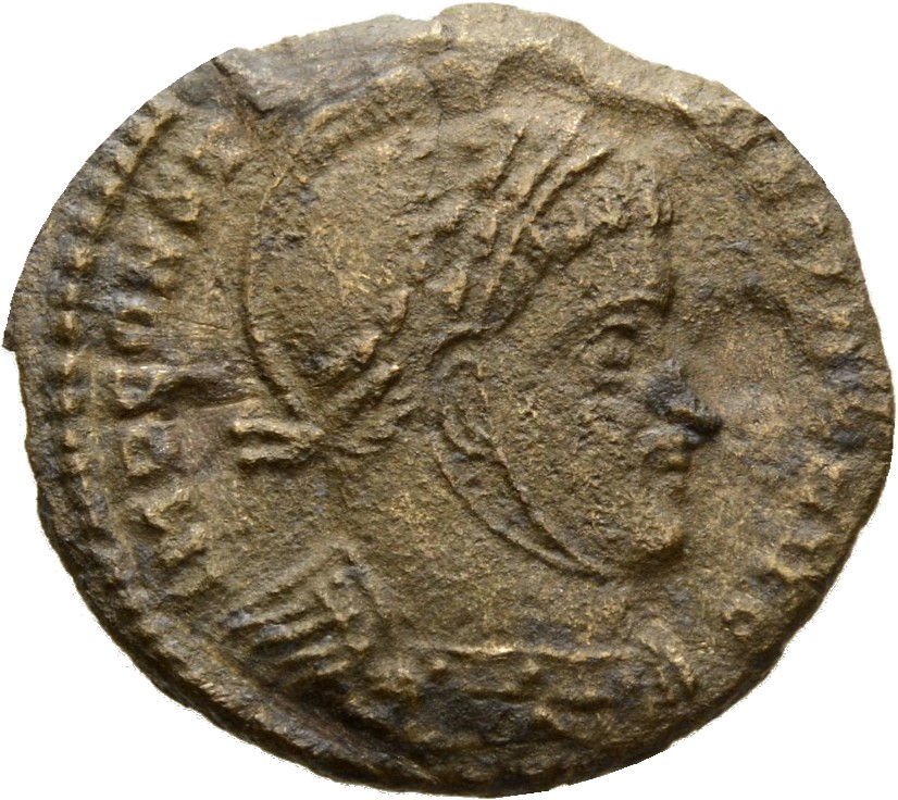 Constantine I obverse — Bust of Constantine I, laureate, helmeted, cuirassed, right