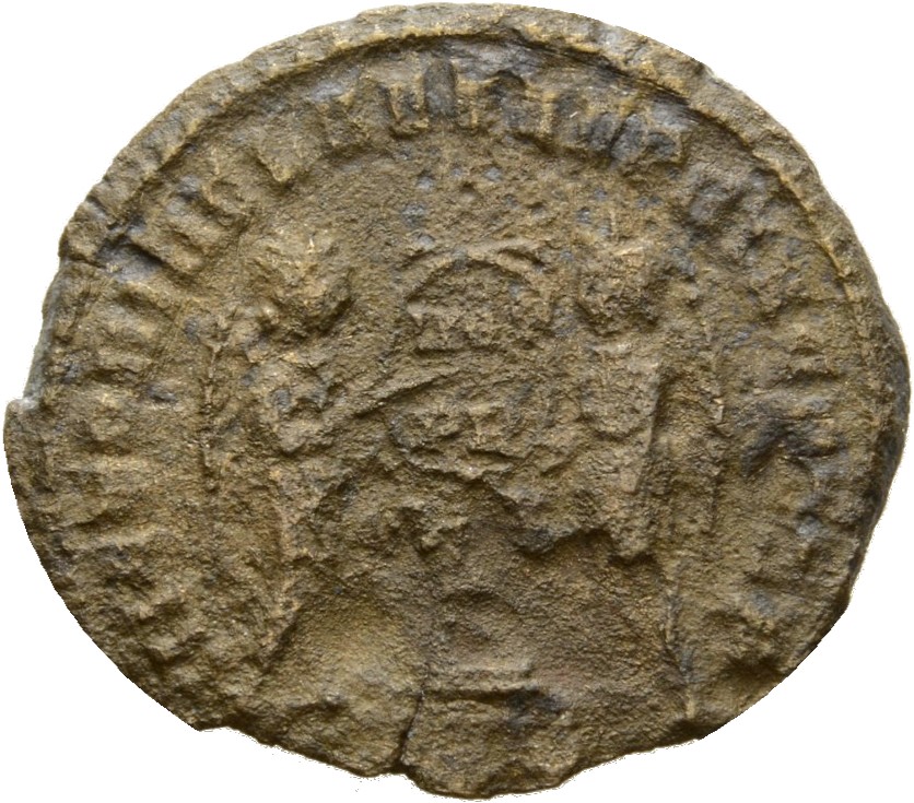 Constantine I reverse — Two Victories, winged, draped, facing each other, holding a shield inscribed VOT/PR supported by a column