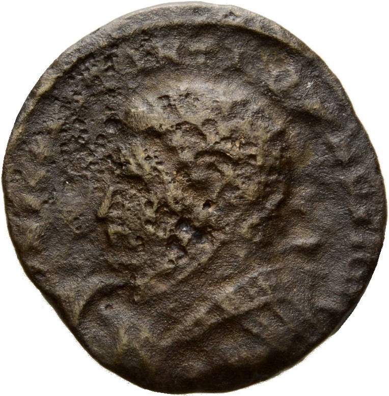 Constantine I obverse — Bust of Constantine I, wearing high-crested helmet, cuirassed, left, spear across right shoulder