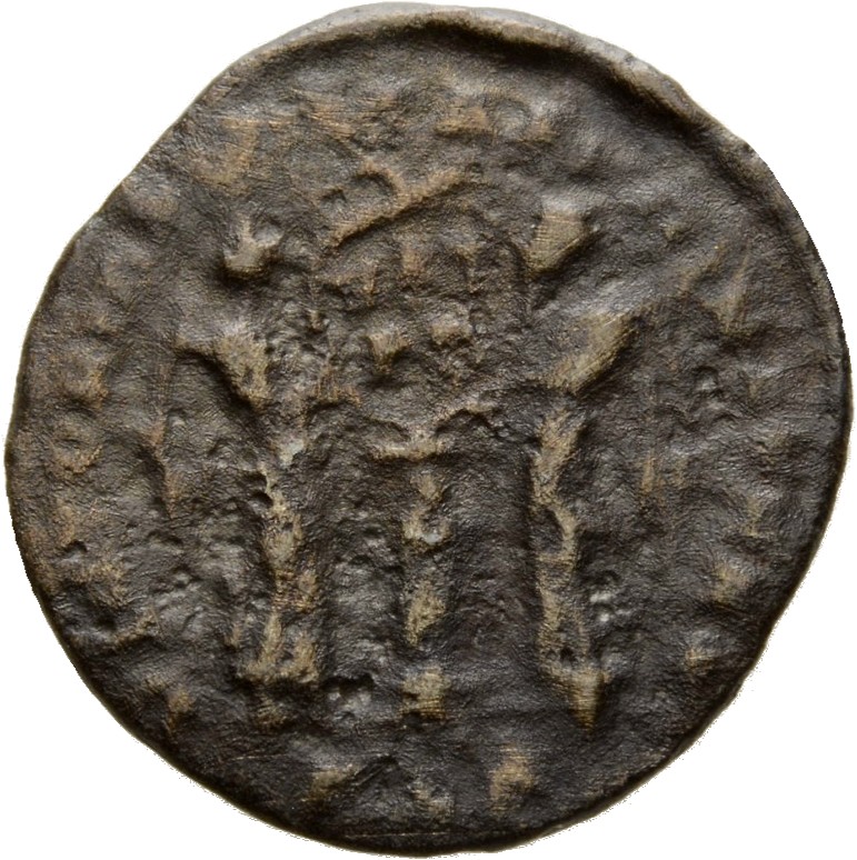 Constantine I reverse — Two Victories, winged, draped, facing each other, holding a shield inscribed VOT/PR supported by a column