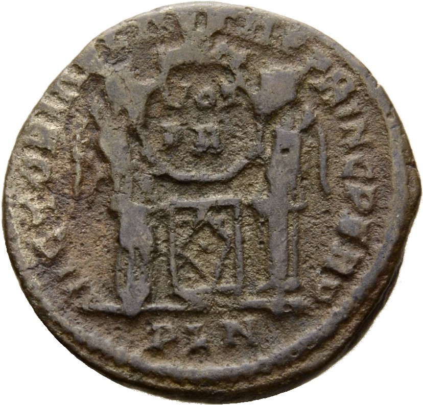 RIC VII Londinium 163 Constantine I reverse, Two Victories, winged, draped, facing each other, holding a shield inscribed ...