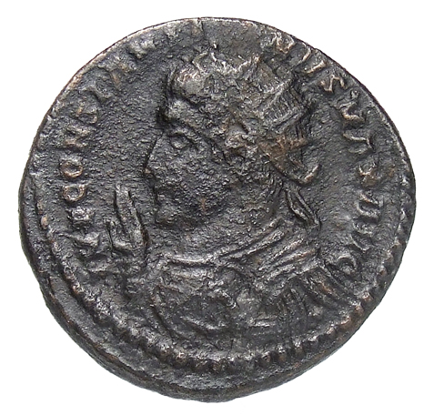 RIC VII Londinium 167 Constantine I obverse, Bust of Constantine I, laureate, cuirassed, left, raising right hand and hold...