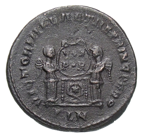 RIC VII Londinium 167 Constantine I reverse, Two Victories, winged, draped, facing each other, holding a wreath inscribed ...