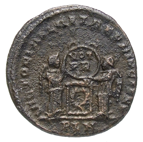 RIC VII Londinium 167 Constantine I reverse, Two Victories, winged, draped, facing each other, holding a wreath inscribed ...