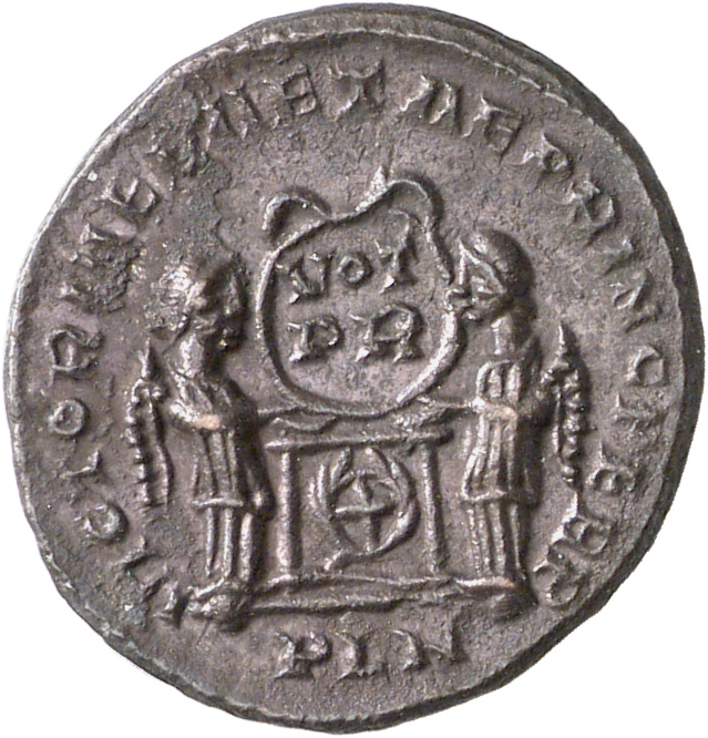 RIC VII Londinium 168 Constantine I reverse, Two Victories, winged, draped, facing each other, holding a wreath inscribed ...