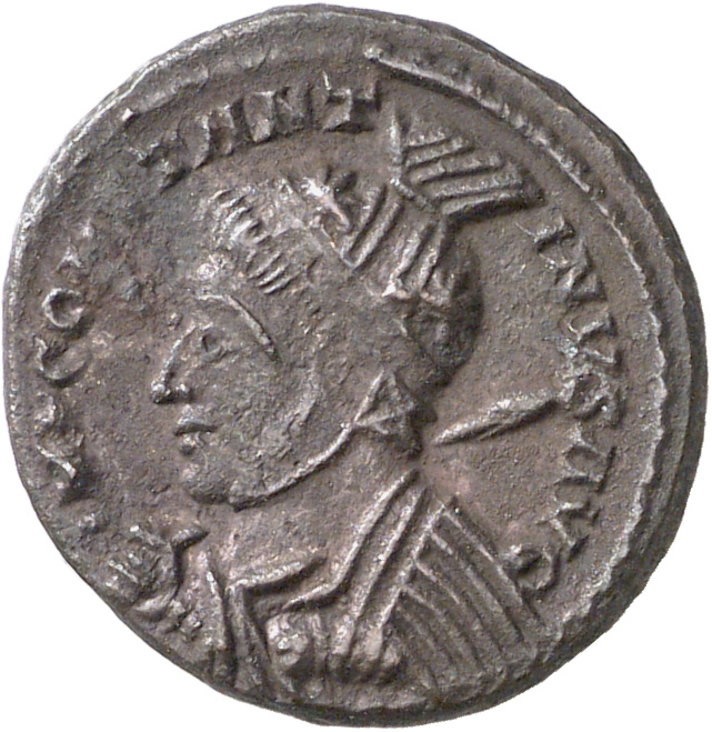 RIC VII Londinium 168 Constantine I obverse, Bust of Constantine I, wearing high-crested helmet, cuirassed, left, spear ac...