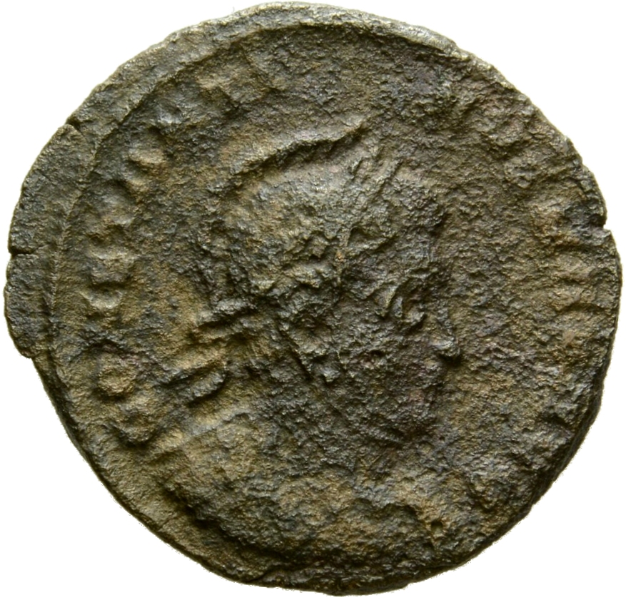 Constantine I obverse — Bust of Constantine I, laureate, helmeted, cuirassed, right
