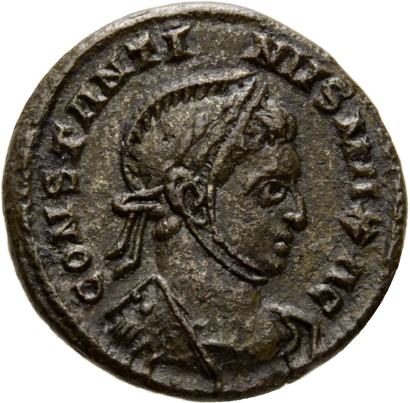 RIC VII Londinium 171 Constantine I obverse, Bust of Constantine I, laureate, helmeted, cuirassed, right