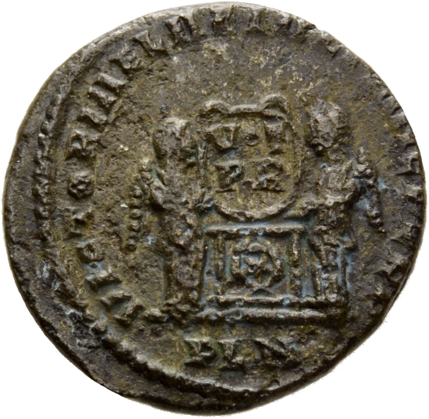 RIC VII Londinium 171 Constantine I reverse, Two Victories, winged, draped, facing each other, holding a wreath inscribed ...