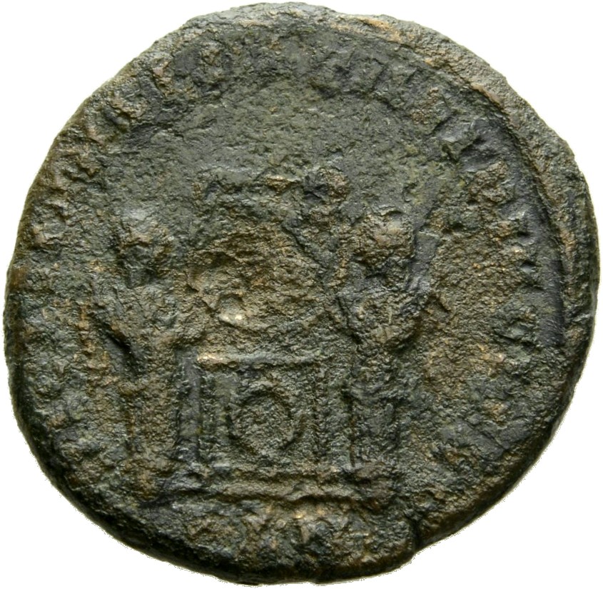 RIC VII Londinium 174 Constantine I reverse, Two Victories, winged, draped, facing each other, holding a wreath inscribed ...