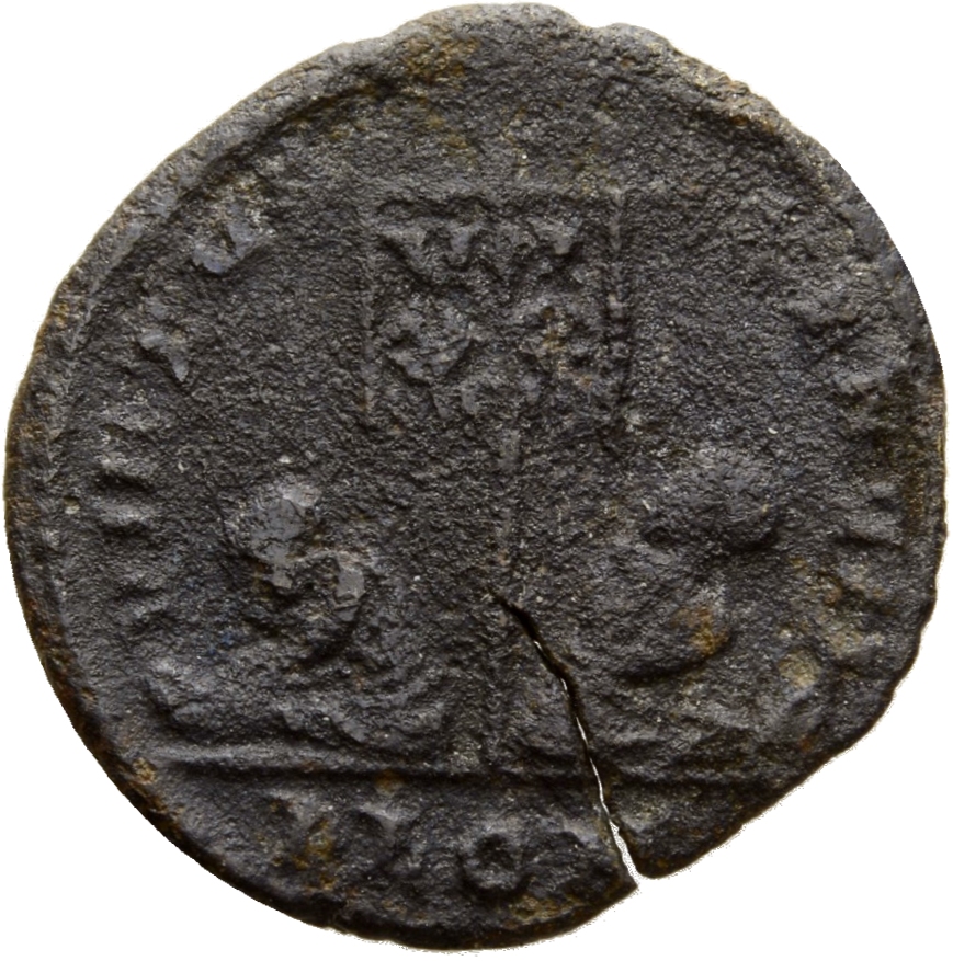 RIC VII Londinium 185 Constantine I reverse, Standard inscribed VOT/XX flanked by two seated captives