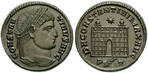 RIC VII Londinium 205 Constantine I obverse, Bust of Constantine I, laureate, wearing trabea, right, holding eagle-tipped ...