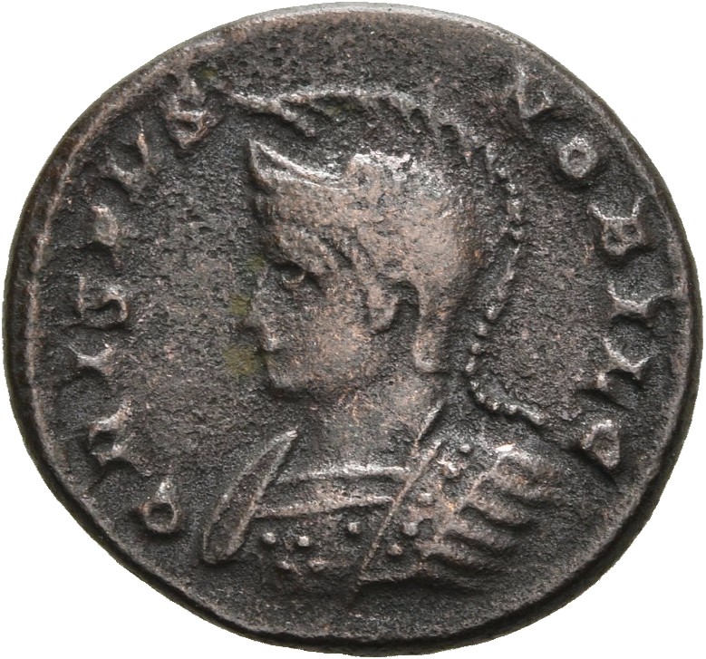 RIC VII Londinium 211 Constantine I obverse, Bust of Crispus, helmeted, cuirassed, left