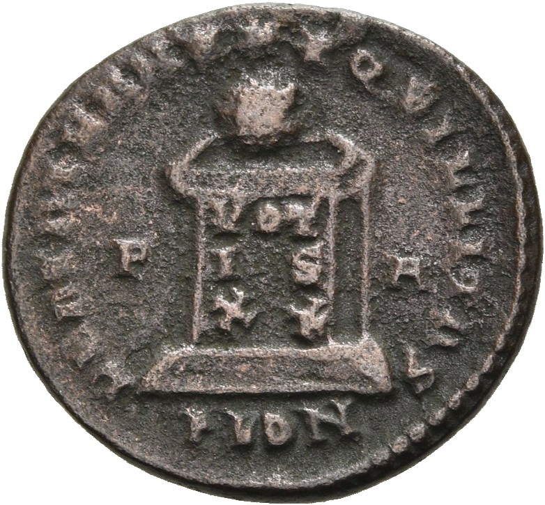 RIC VII Londinium 211 Constantine I reverse, Globe on altar inscribed VOT/IS/XX; above, three stars