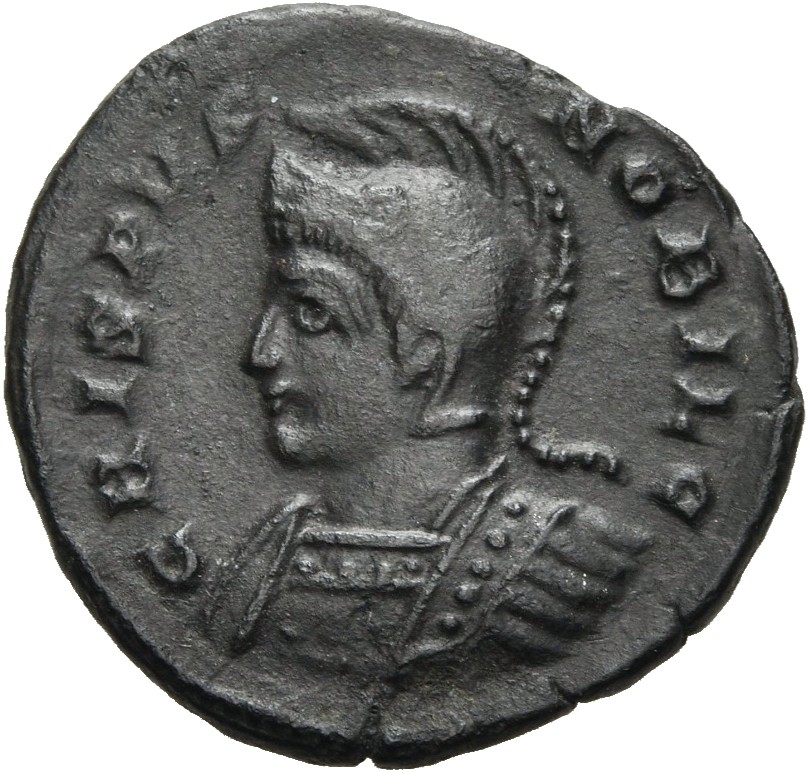 RIC VII Londinium 211 Constantine I obverse, Bust of Crispus, helmeted, cuirassed, left