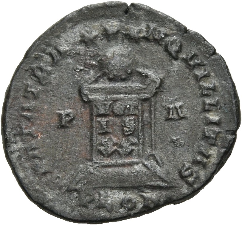 RIC VII Londinium 211 Constantine I reverse, Globe on altar inscribed VOT/IS/XX; above, three stars