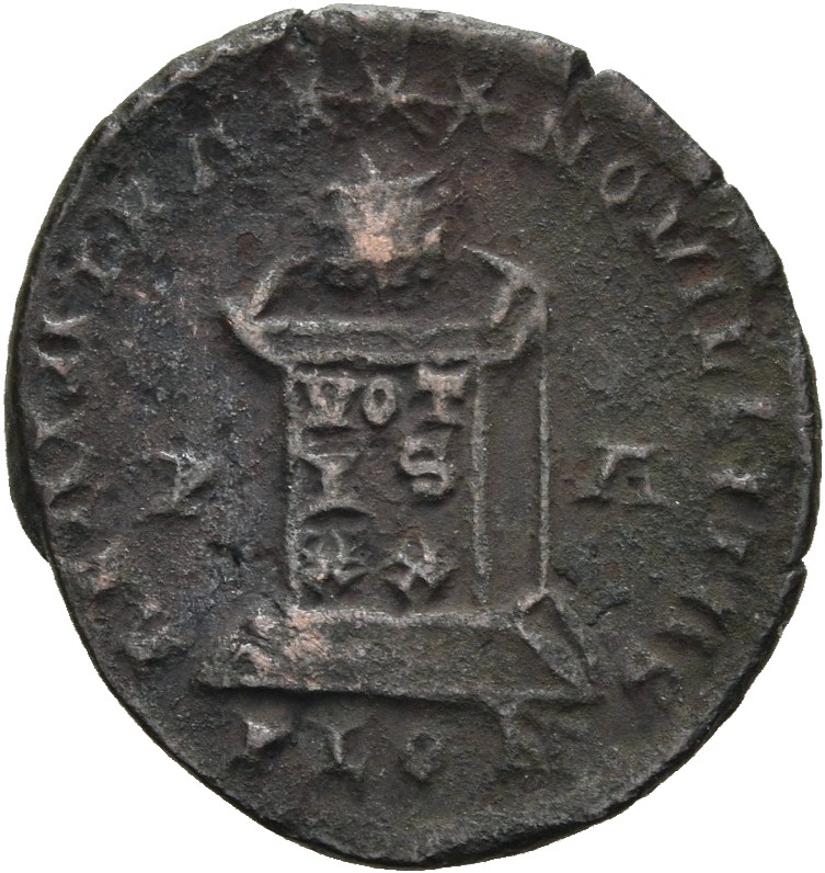 RIC VII Londinium 212 Constantine I reverse, Globe on altar inscribed VOT/IS/XX; above, three stars