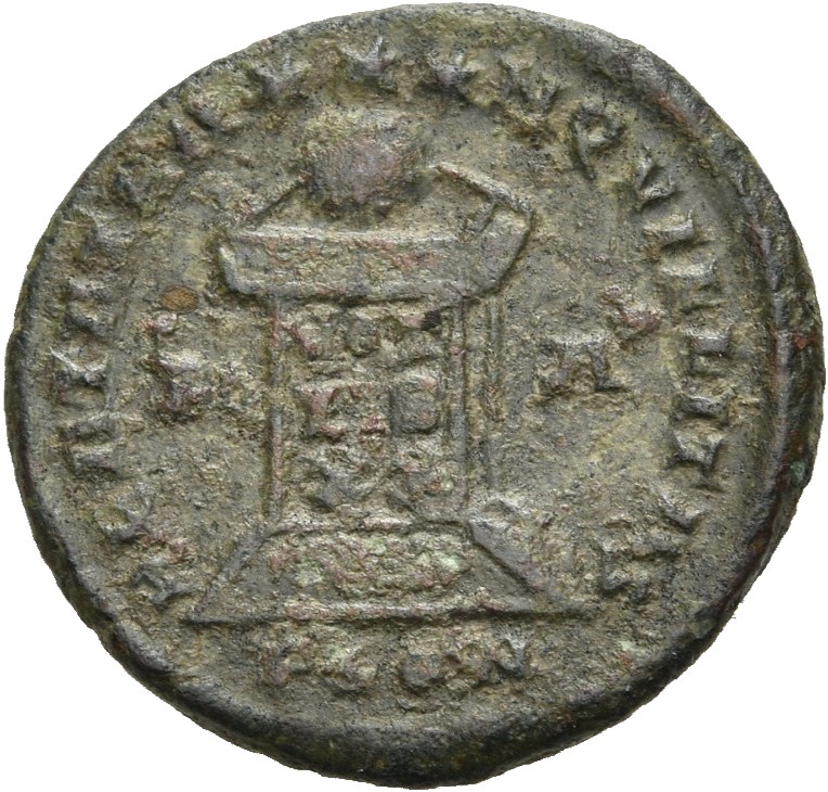 RIC VII Londinium 214 Constantine I reverse, Globe on altar inscribed VOT/IS/XX; above, three stars