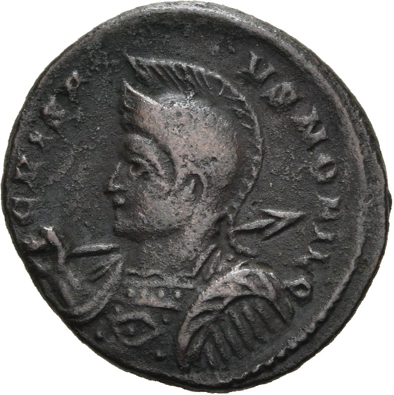 RIC VII Londinium 214 Constantine I obverse, Bust of Crispus, helmeted, cuirassed, left, holding spear across right should...