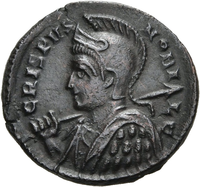 RIC VII Londinium 214 Constantine I obverse, Bust of Crispus, helmeted, cuirassed, left, holding spear across right should...