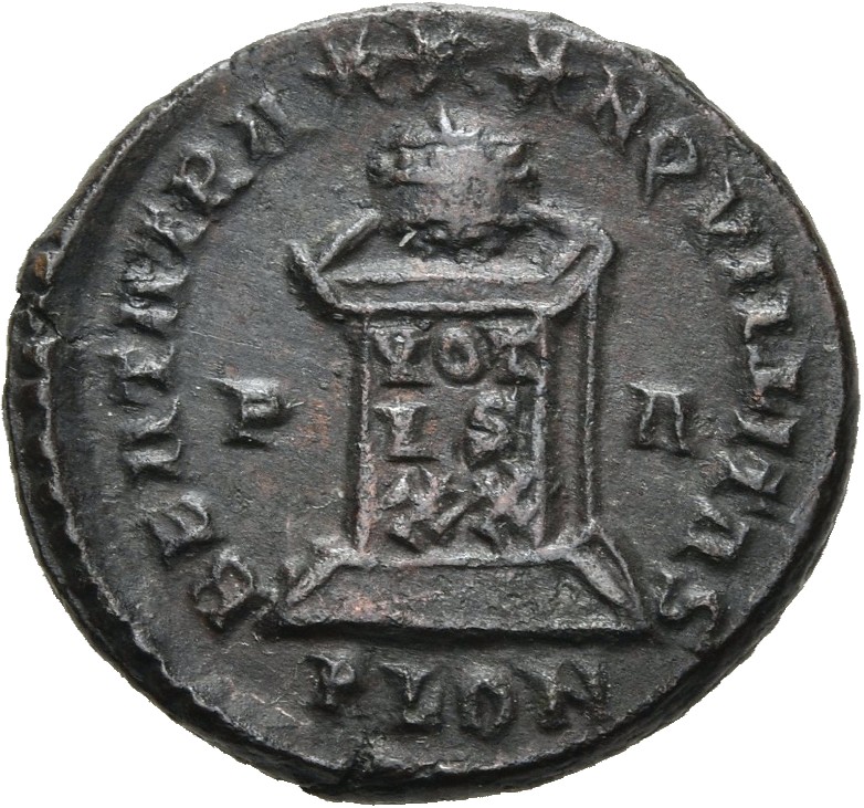 RIC VII Londinium 214 Constantine I reverse, Globe on altar inscribed VOT/IS/XX; above, three stars