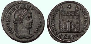 RIC VII Londinium 216 Constantine I obverse, Bust of Constantine II, radiate, draped, cuirassed, left