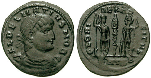 RIC VII Londinium 228 Constantine I reverse, Globe on altar inscribed VOT/IS/XX; above, three stars