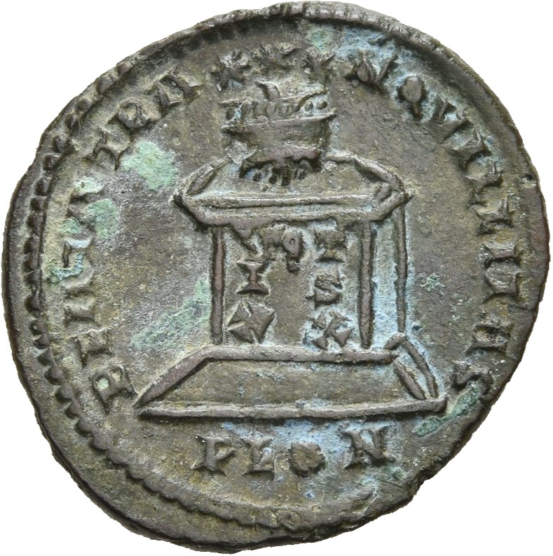 RIC VII Londinium 229 Constantine I reverse, Globe on altar inscribed VOT/IS/XX; above, three stars
