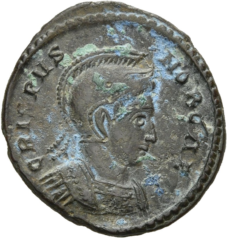 RIC VII Londinium 229 Constantine I obverse, Bust of Crispus, helmeted, cuirassed, right