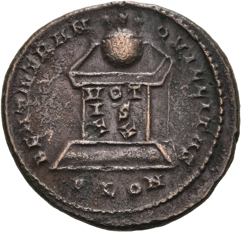 RIC VII Londinium 229 Constantine I reverse, Globe on altar inscribed VOT/IS/XX; above, three stars