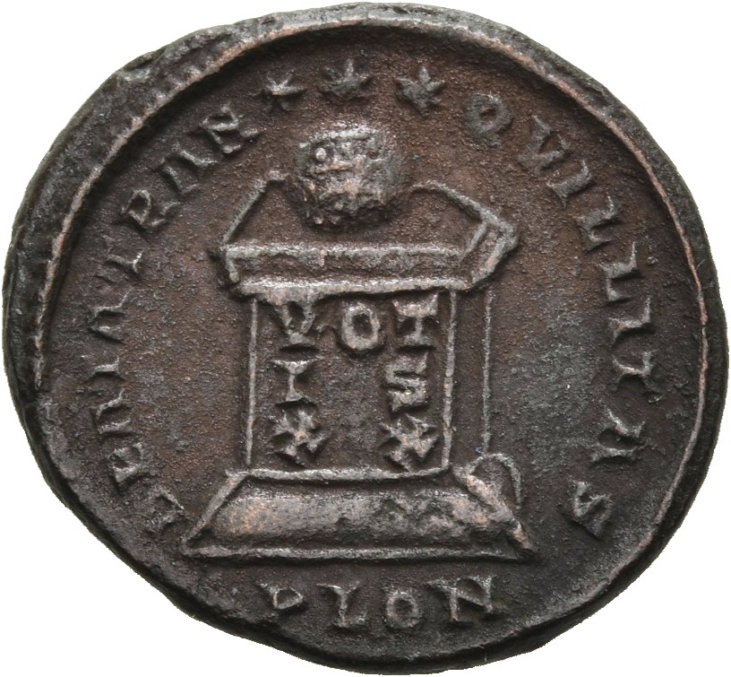 RIC VII Londinium 230 Constantine I reverse, Globe on altar inscribed VOT/IS/XX; above, three stars