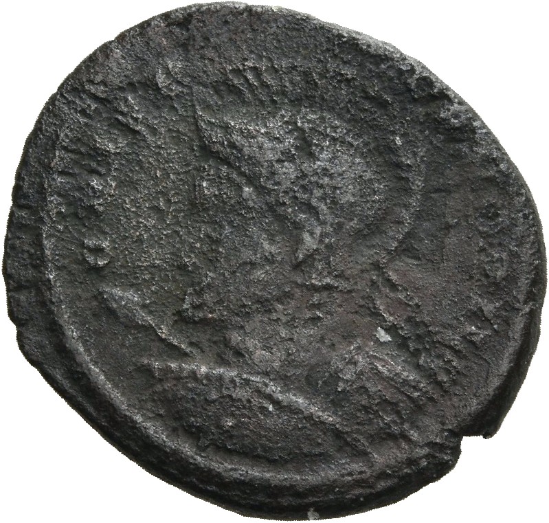 RIC VII Londinium 231 Constantine I obverse, Bust of Crispus, helmeted, cuirassed, left, holding shield in right hand and ...