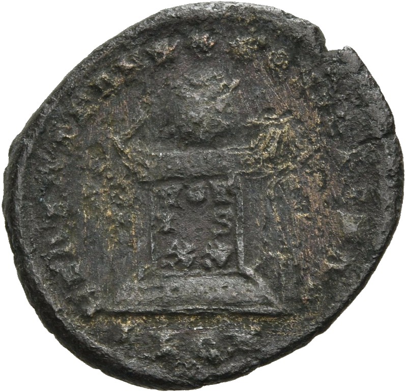 RIC VII Londinium 231 Constantine I reverse, Globe on altar inscribed VOT/IS/XX; above, three stars