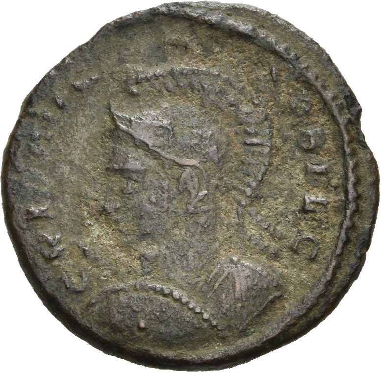 RIC VII Londinium 231 Constantine I obverse, Bust of Crispus, helmeted, cuirassed, left, holding shield in right hand and ...