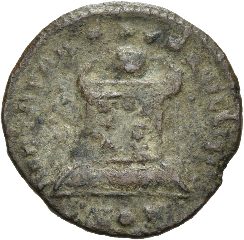 RIC VII Londinium 231 Constantine I reverse, Globe on altar inscribed VOT/IS/XX; above, three stars