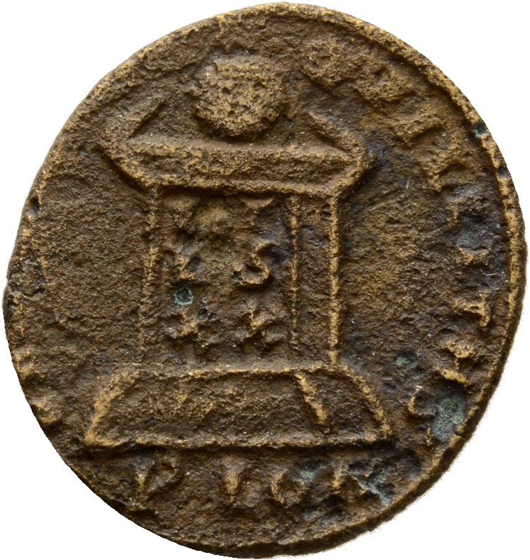 RIC VII Londinium 233 Constantine I reverse, Globe on altar inscribed VOT/IS/XX; above, three stars
