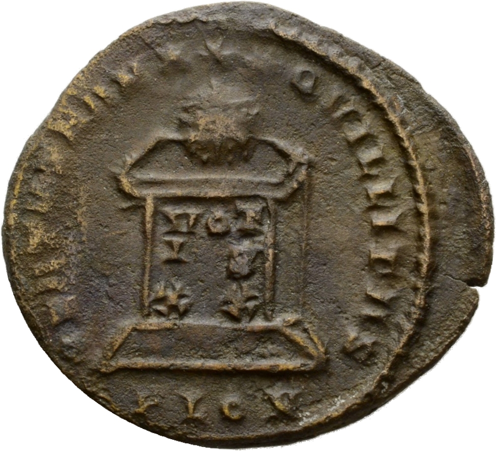 RIC VII Londinium 236 Constantine I reverse, Globe on altar inscribed VOT/IS/XX; above, three stars