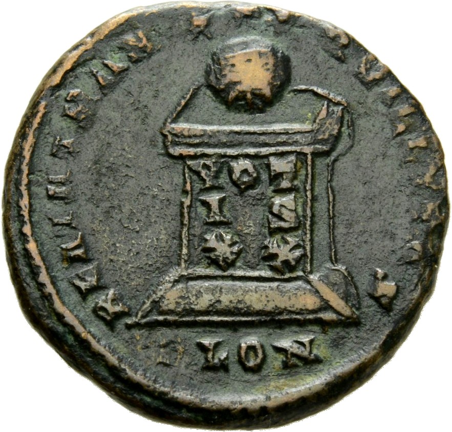 Constantine I reverse — Globe on altar inscribed VOT/IS/XX; above, three stars