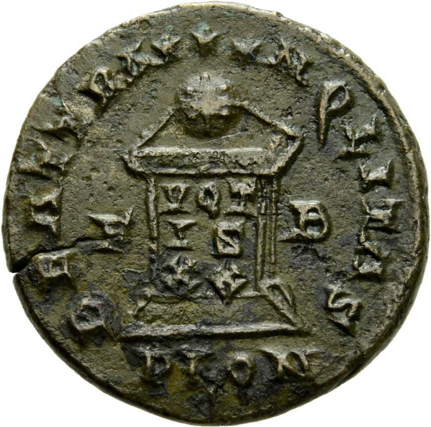RIC VII Londinium 240 Constantine I reverse, Globe on altar inscribed VOT/IS/XX; above, three stars