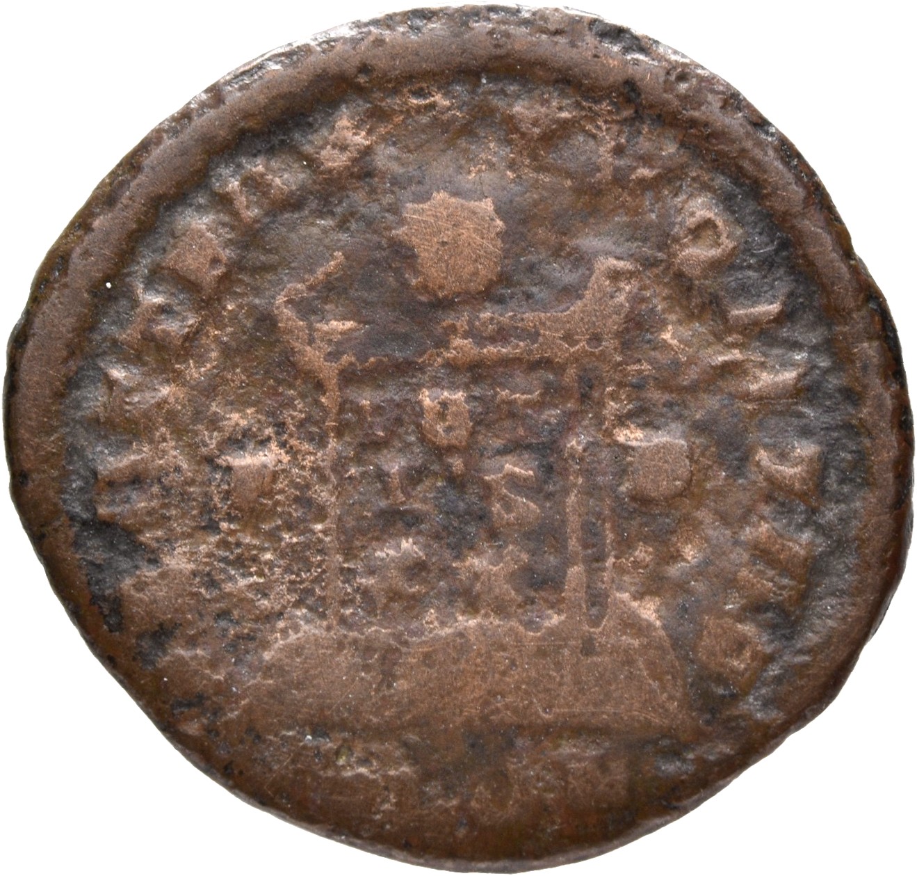 RIC VII Londinium 241 Constantine I reverse, Globe on altar inscribed VOT/IS/XX; above, three stars