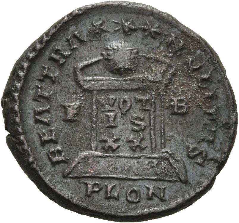RIC VII Londinium 247 Constantine I reverse, Globe on altar inscribed VOT/IS/XX; above, three stars