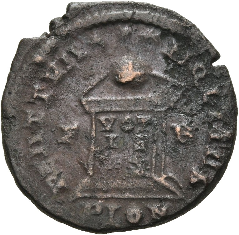 RIC VII Londinium 247 Constantine I reverse, Globe on altar inscribed VOT/IS/XX; above, three stars