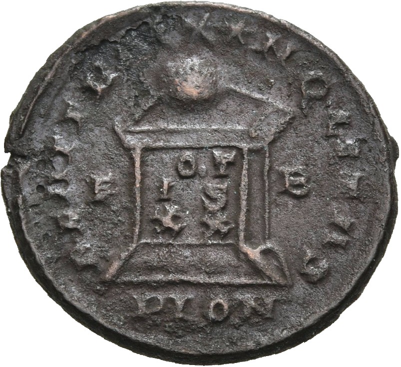 RIC VII Londinium 249 Constantine I reverse, Globe on altar inscribed VOT/IS/XX; above, three stars