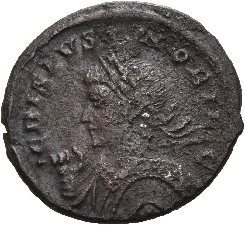 RIC VII Londinium 249 Constantine I obverse, Bust of Crispus, laureate, cuirassed, left, holding spear across right should...