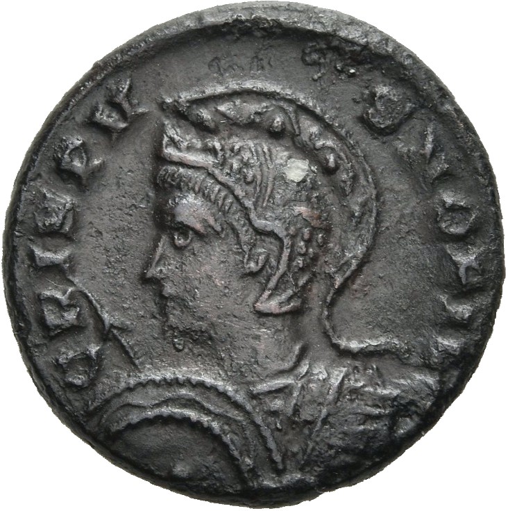 RIC VII Londinium 250 Constantine I obverse, Bust of Crispus, laureate, cuirassed, left, holding spear pointing forward in...